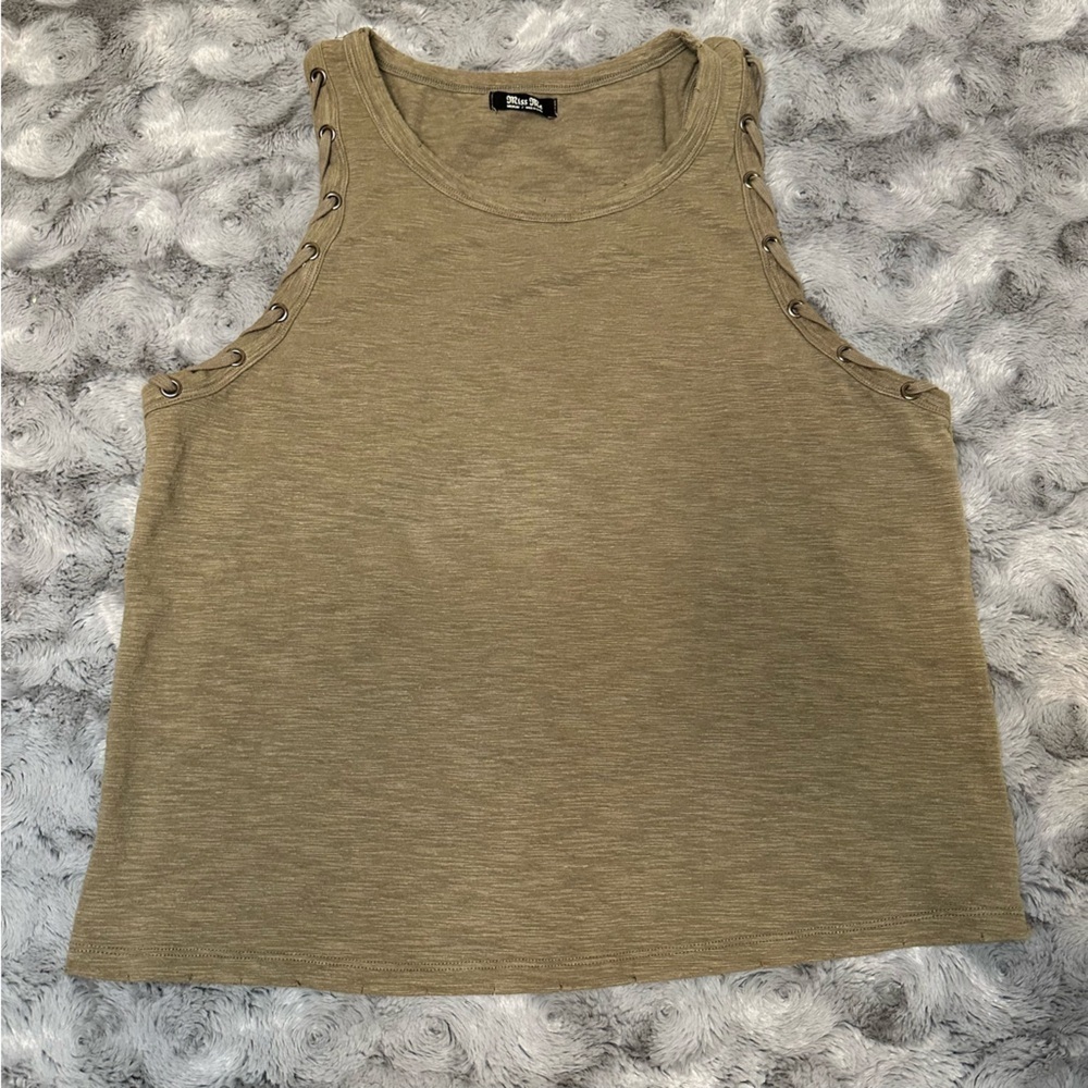 Miss Me Women's Sleeveless Tank Top  Olive Green Shoelace Detail Sleeves Medium